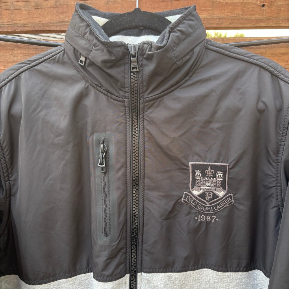 Polo Ralph Lauren Mixed Media Jacket Mens L Black Grey Good Embroidered Crest